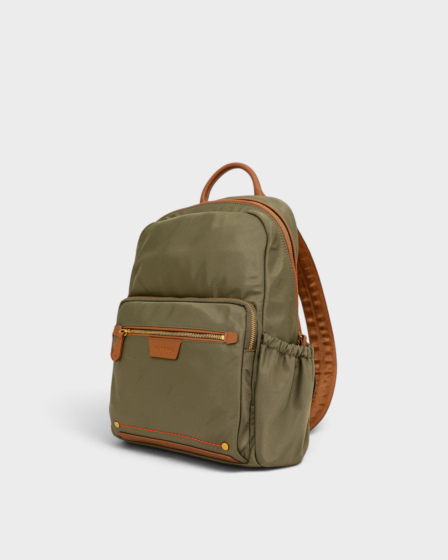 Montemaré Oslo premium olive green nylon and leather RFID-blocking travel backpack with gold hardware