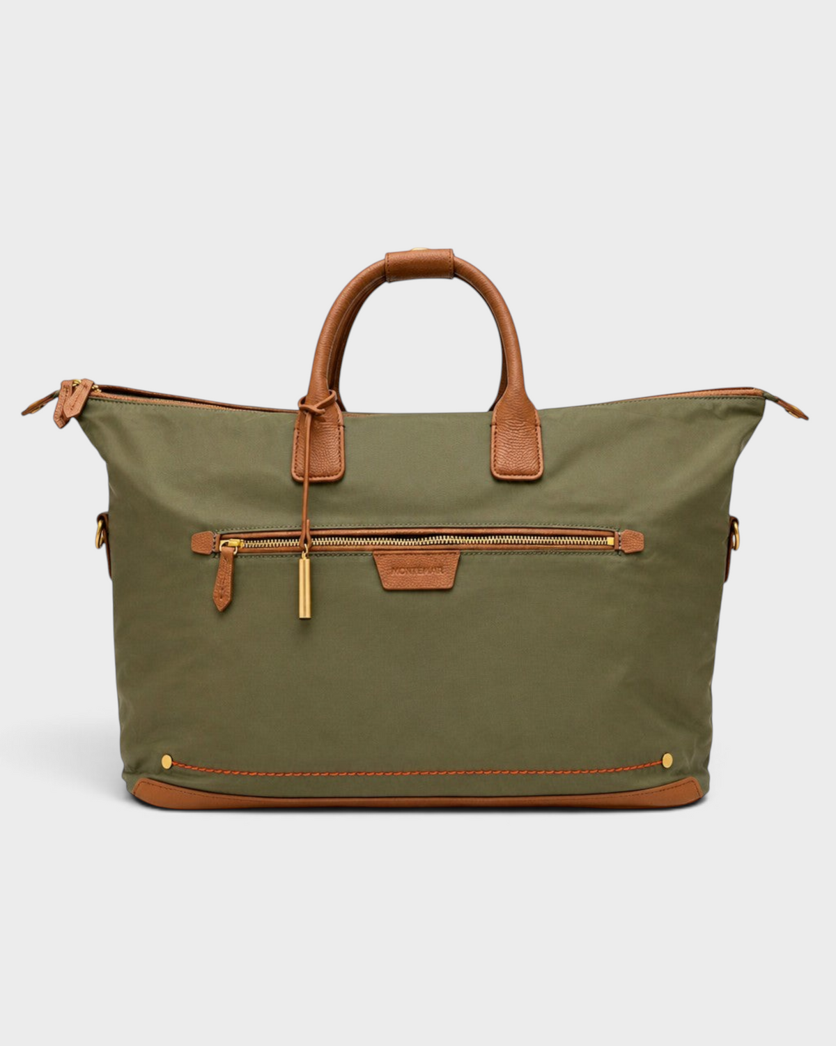 Montemaré Oslo weekender bag in olive green waterproof nylon with tan leather trim and gold hardware