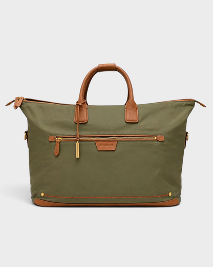 Montemaré Oslo weekender bag in olive green waterproof nylon with tan leather trim and gold hardware