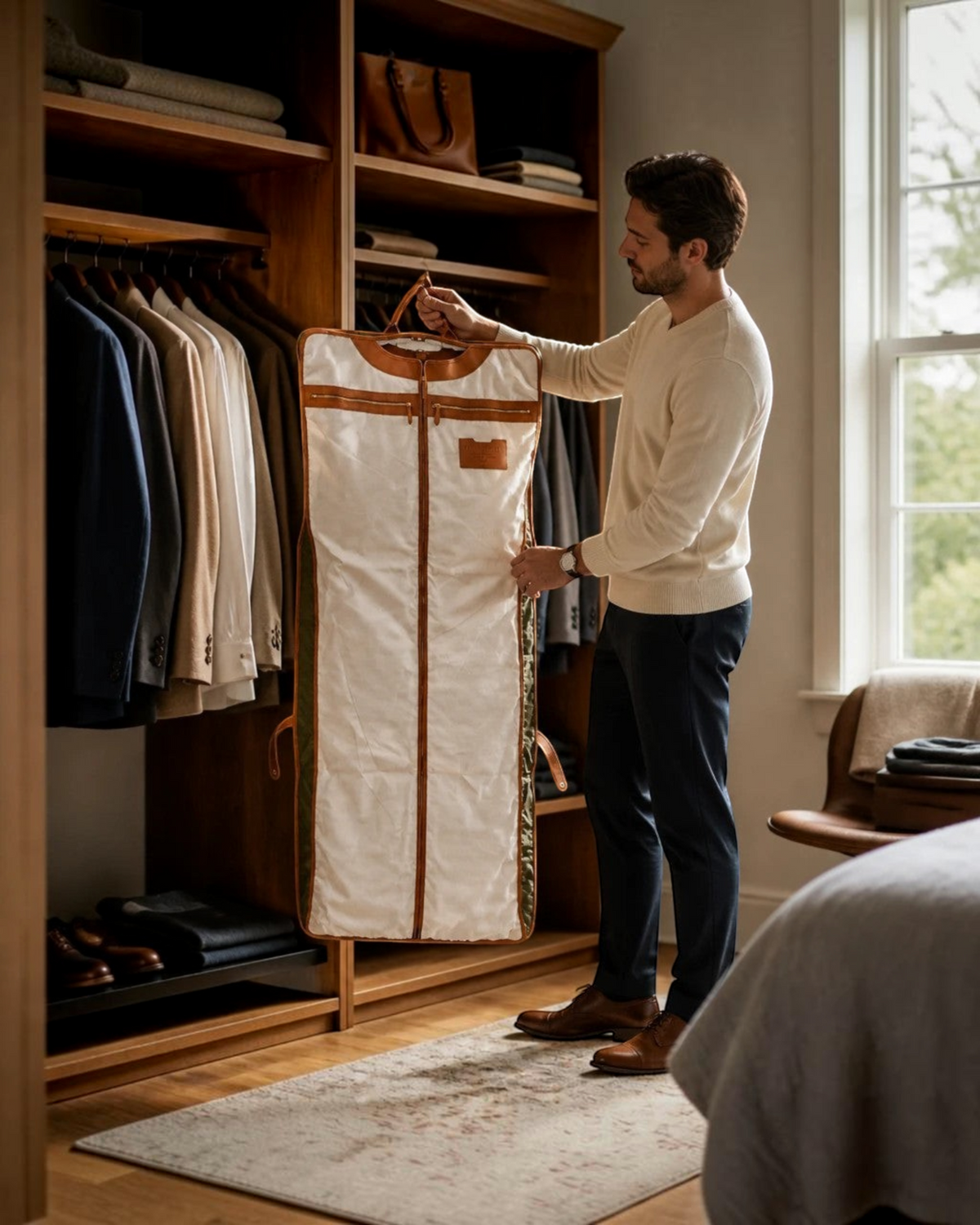 Man holding a Montemaré Oslo premium travel garment bag made of waterproof nylon and leather in a walk-in closet.