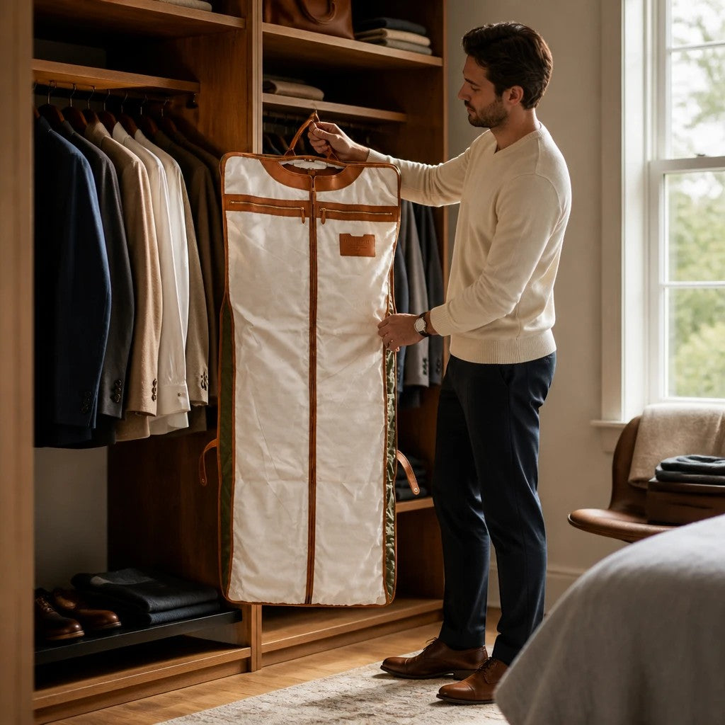 Man holding a Montemaré Oslo tri-fold garment bag made of waterproof nylon and leather in a walk-in closet.