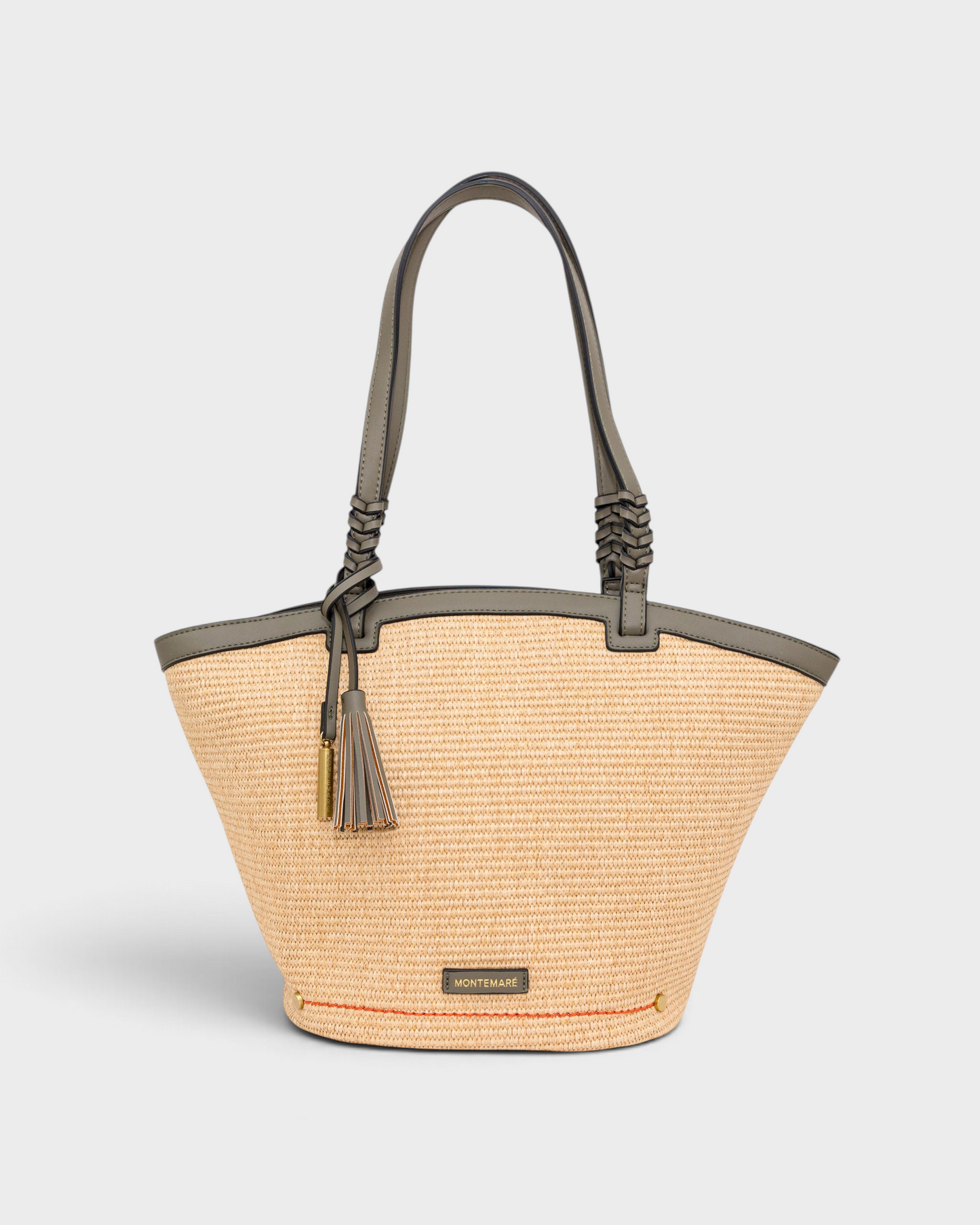 Montemaré Palma straw-style tote bag with grey vegan leather handles, zip closure, and a safety whistle tassel.