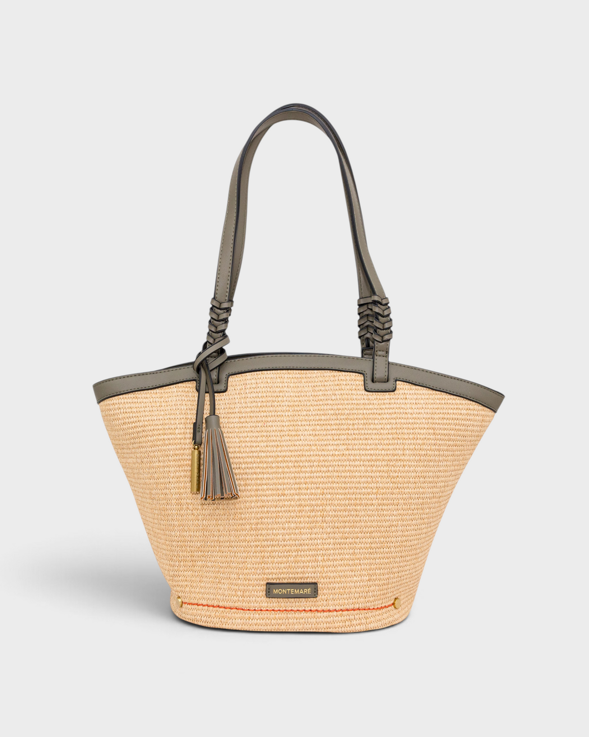 Montemaré Palma straw-style tote bag with grey vegan leather handles, zip closure, and a safety whistle tassel.