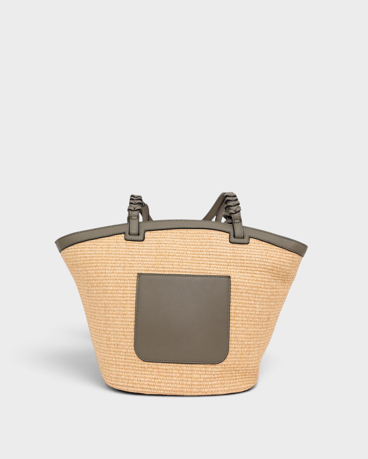 Montemaré Palma straw-style tote bag with olive green vegan leather trim, braided handles, and exterior back pocket.