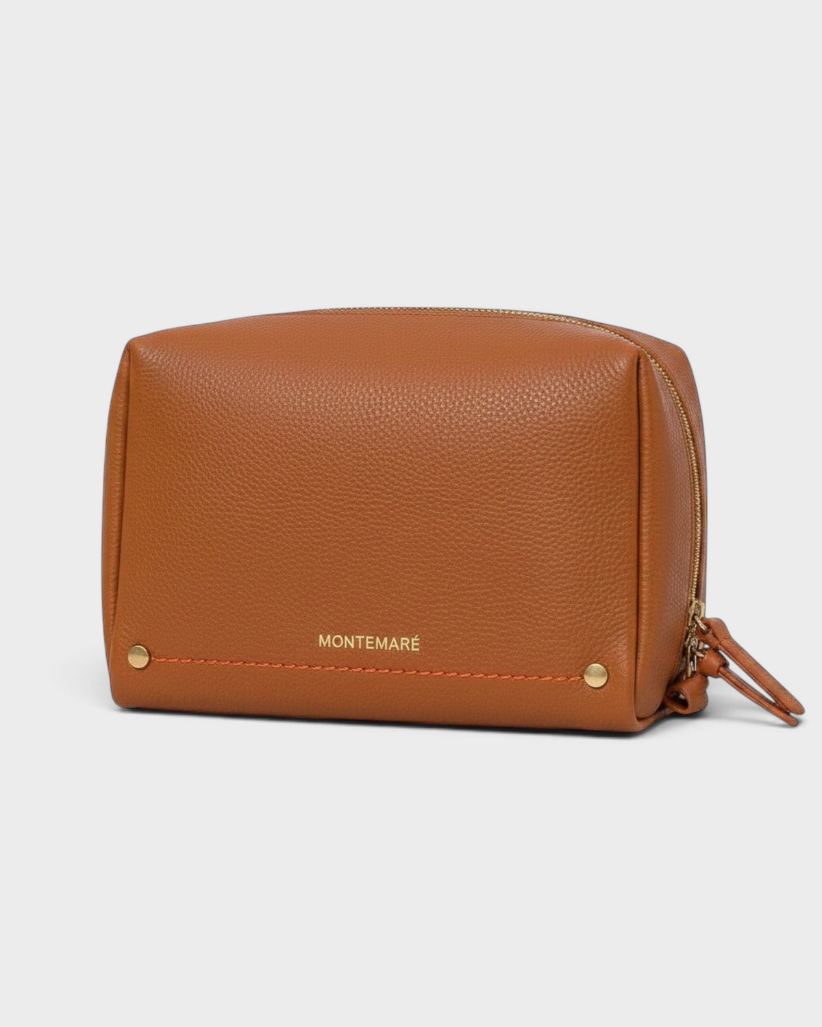 Montemaré Roma standing toiletry case in brown vegan leather with gold hardware and orange accent stitching