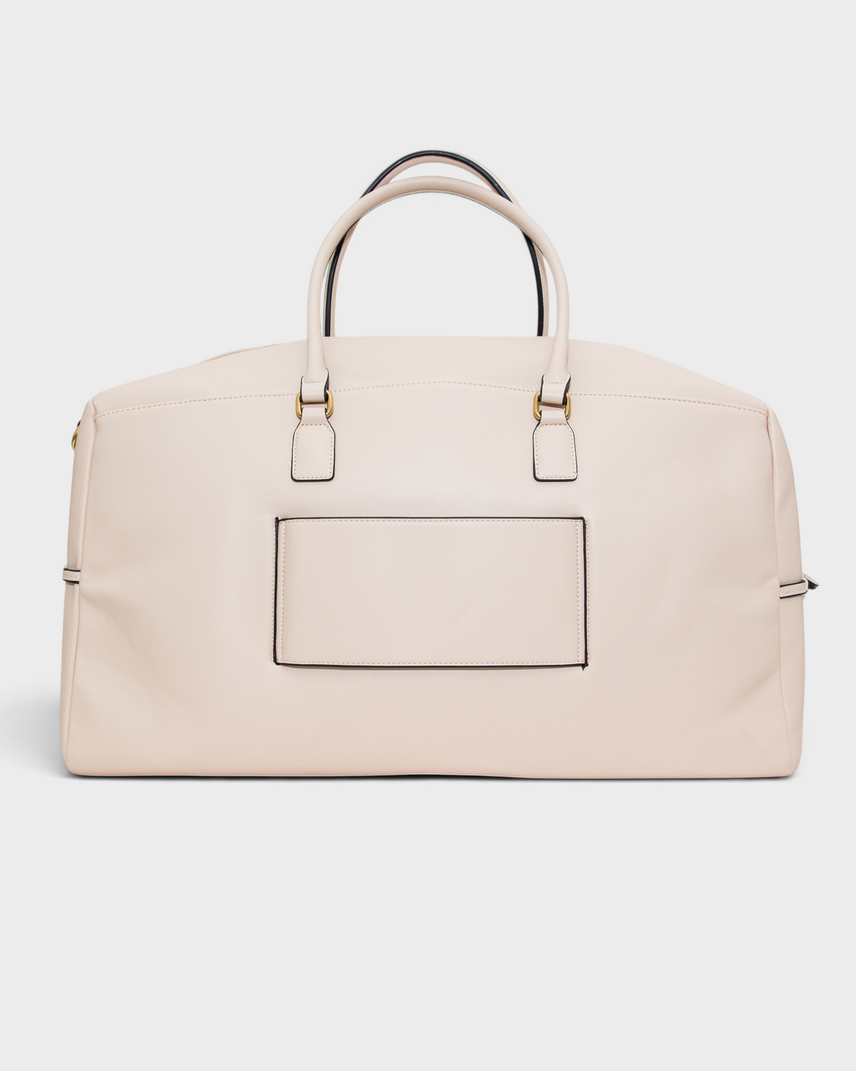 Montemaré Roma Duffel in beige vegan leather with a minimalist design, top handles, and a front pocket.