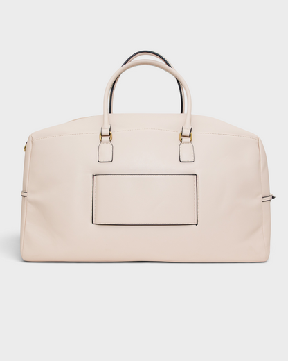 Montemaré Roma Duffel in beige vegan leather with a minimalist design, top handles, and a front pocket.