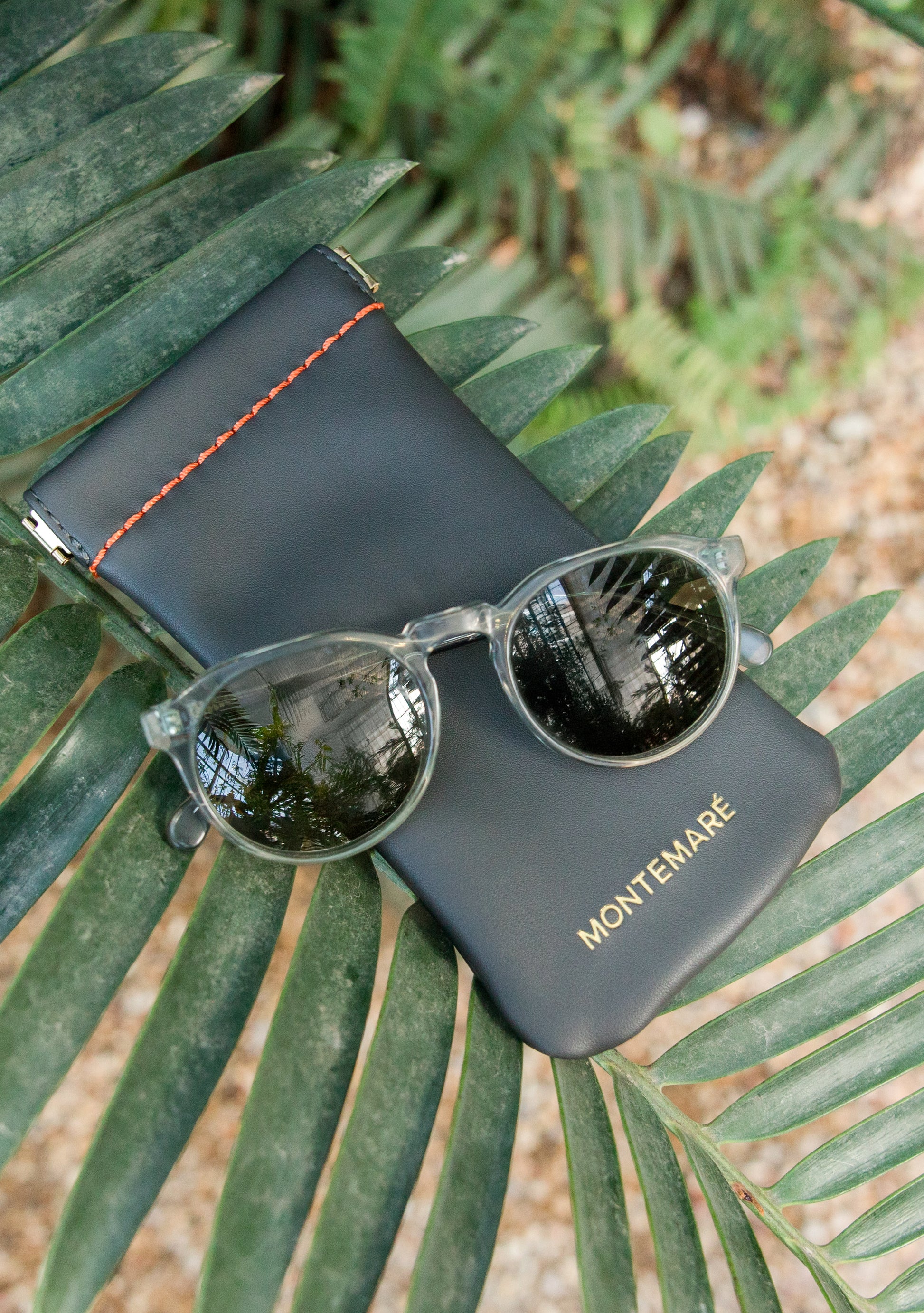 Montemaré Glasses Case in Slate on Palm Leaf with Sunglasses