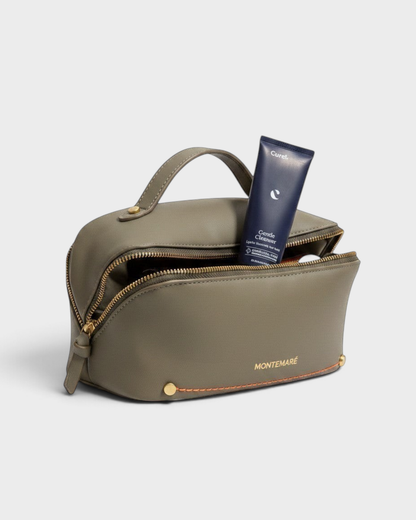 Montemaré Roma foldout toiletry case in olive vegan leather with orange stitching, top handle, and wide zipper opening