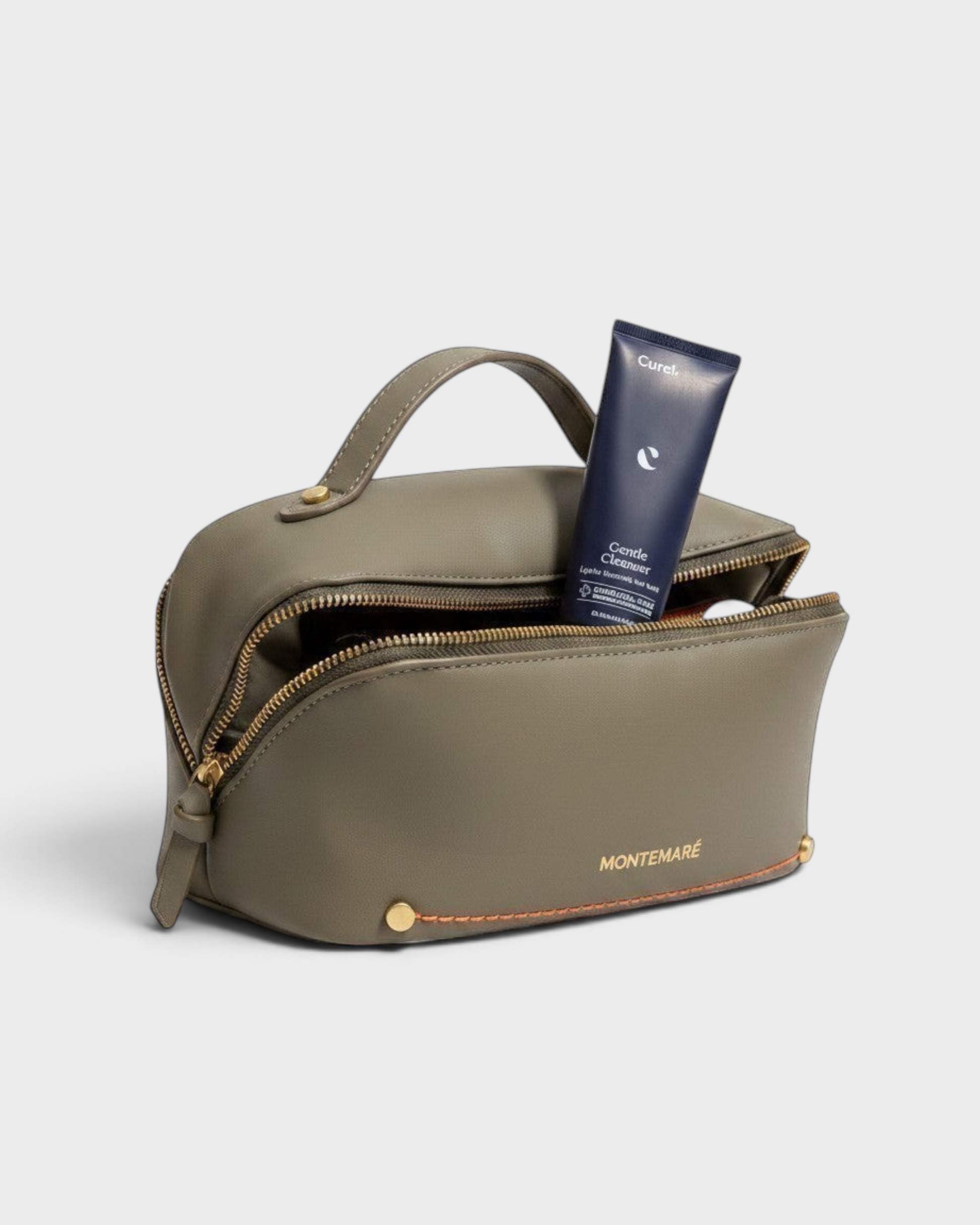 Montemaré Roma foldout toiletry case in olive vegan leather with orange stitching, top handle, and wide zipper opening