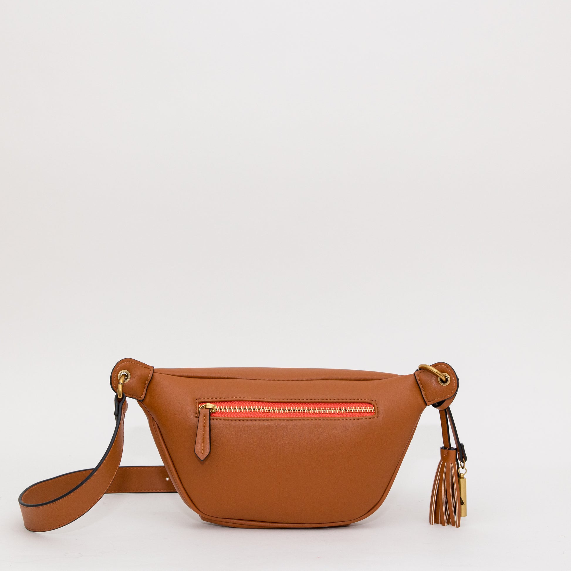 Brown premium vegan leather sling with a whistle tassel on a white background