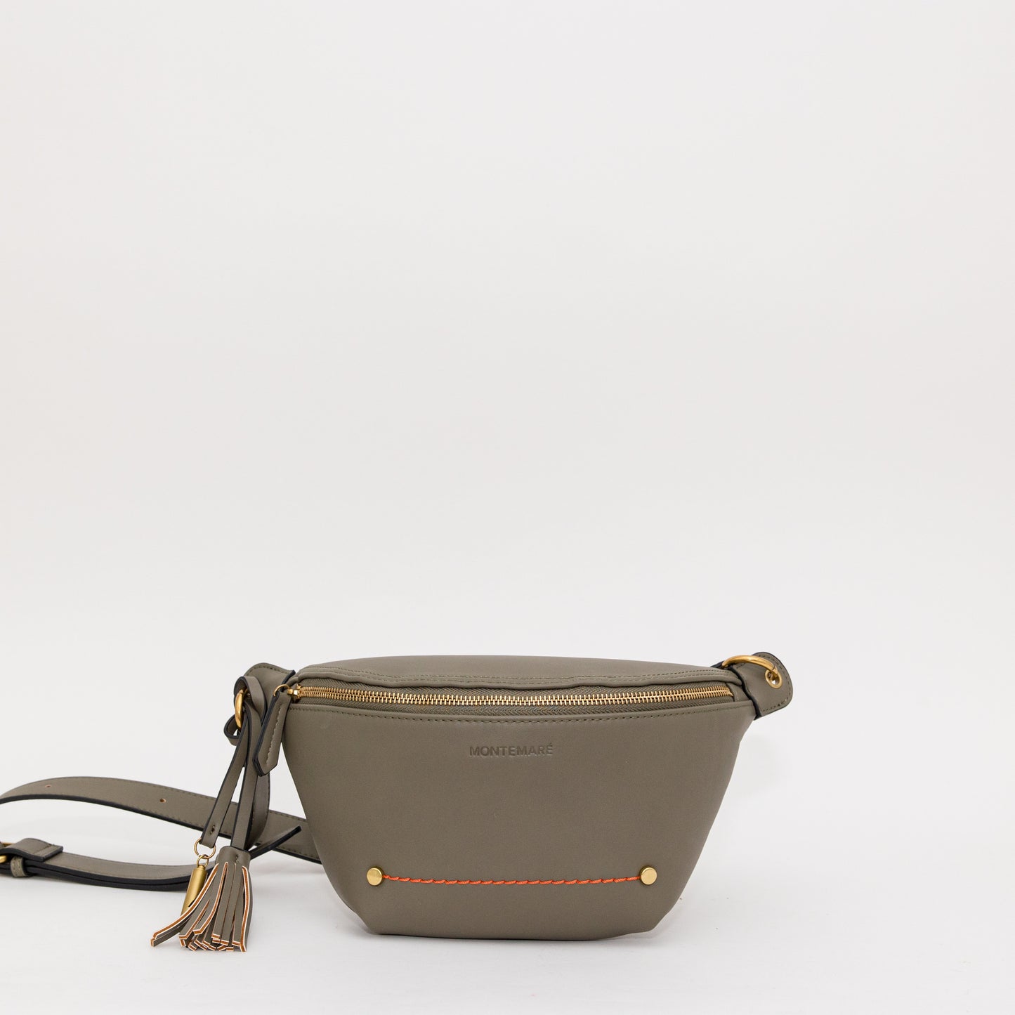 Olive green sling featuring an orange stitching on the front and whistle tassel tied on the side.