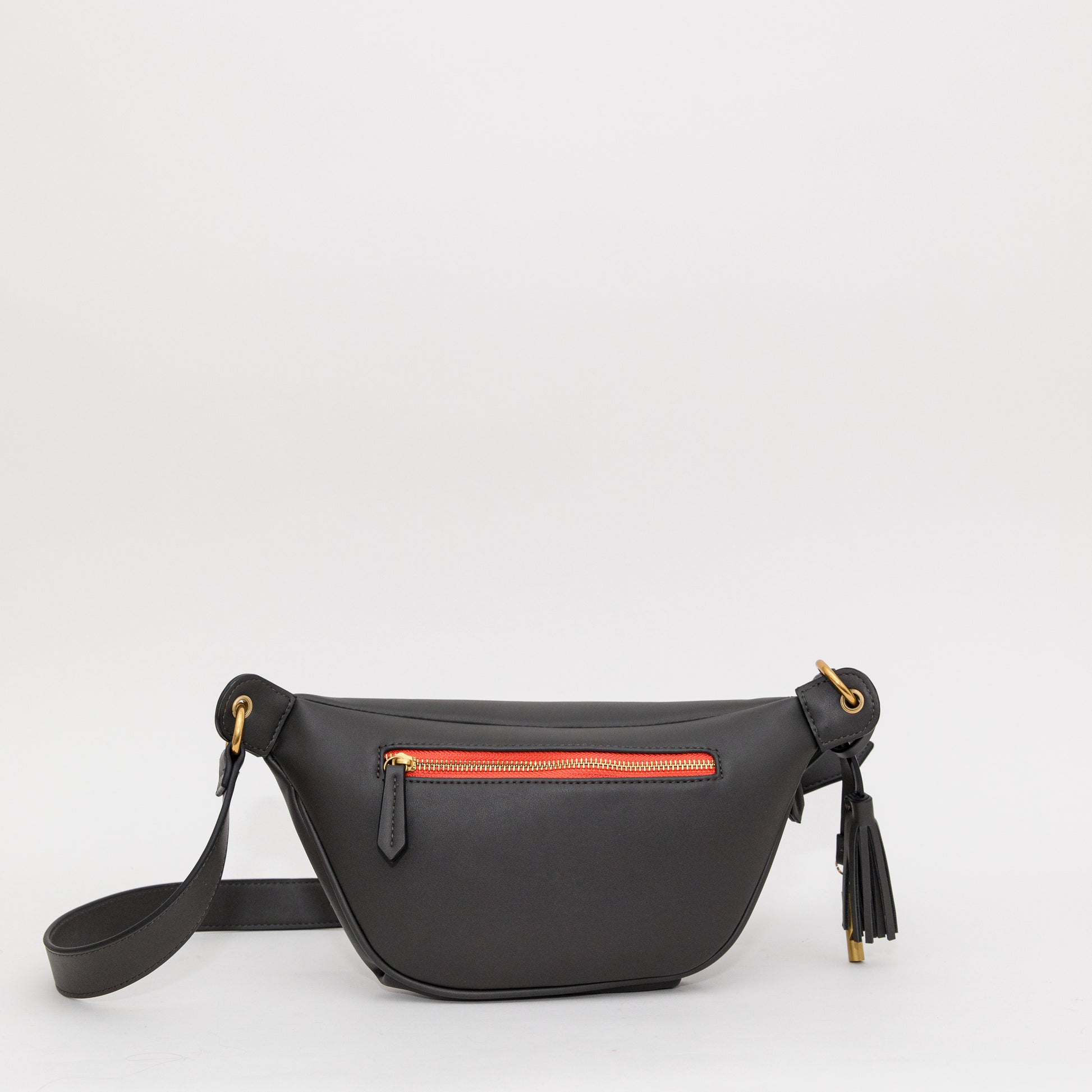 Slate sling with an orange and brass-finished zipper on a white background.