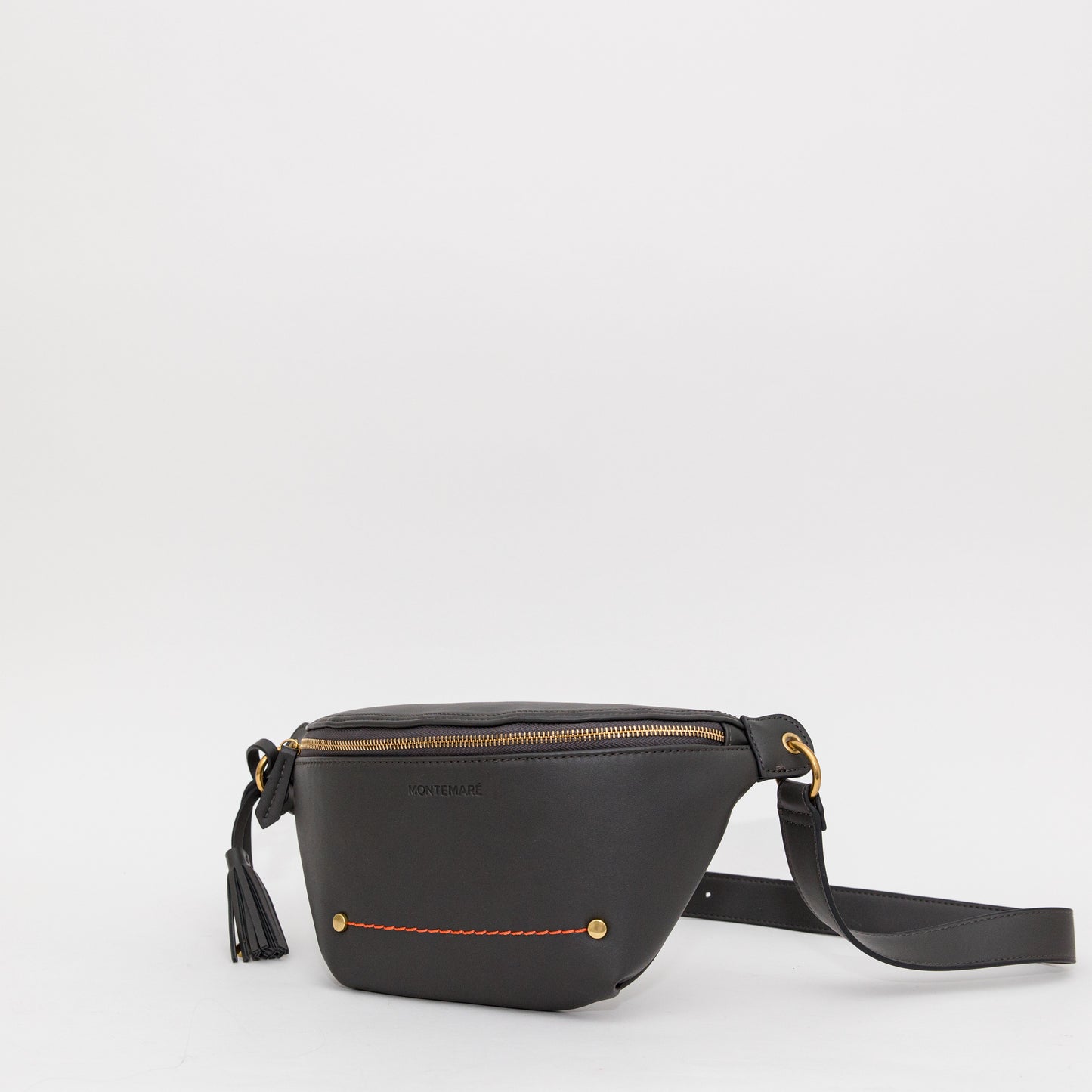 Slate smooth vegan leather sling with a thick strap and whistle tassel on a white background