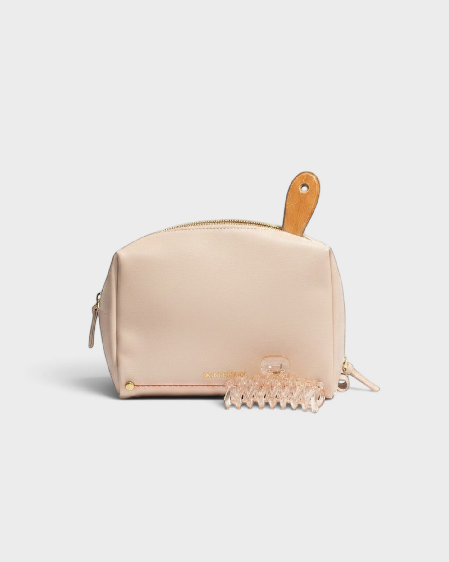 Montemaré Roma standing toiletry case in beige vegan leather with a wide zipper opening and gold logo detail