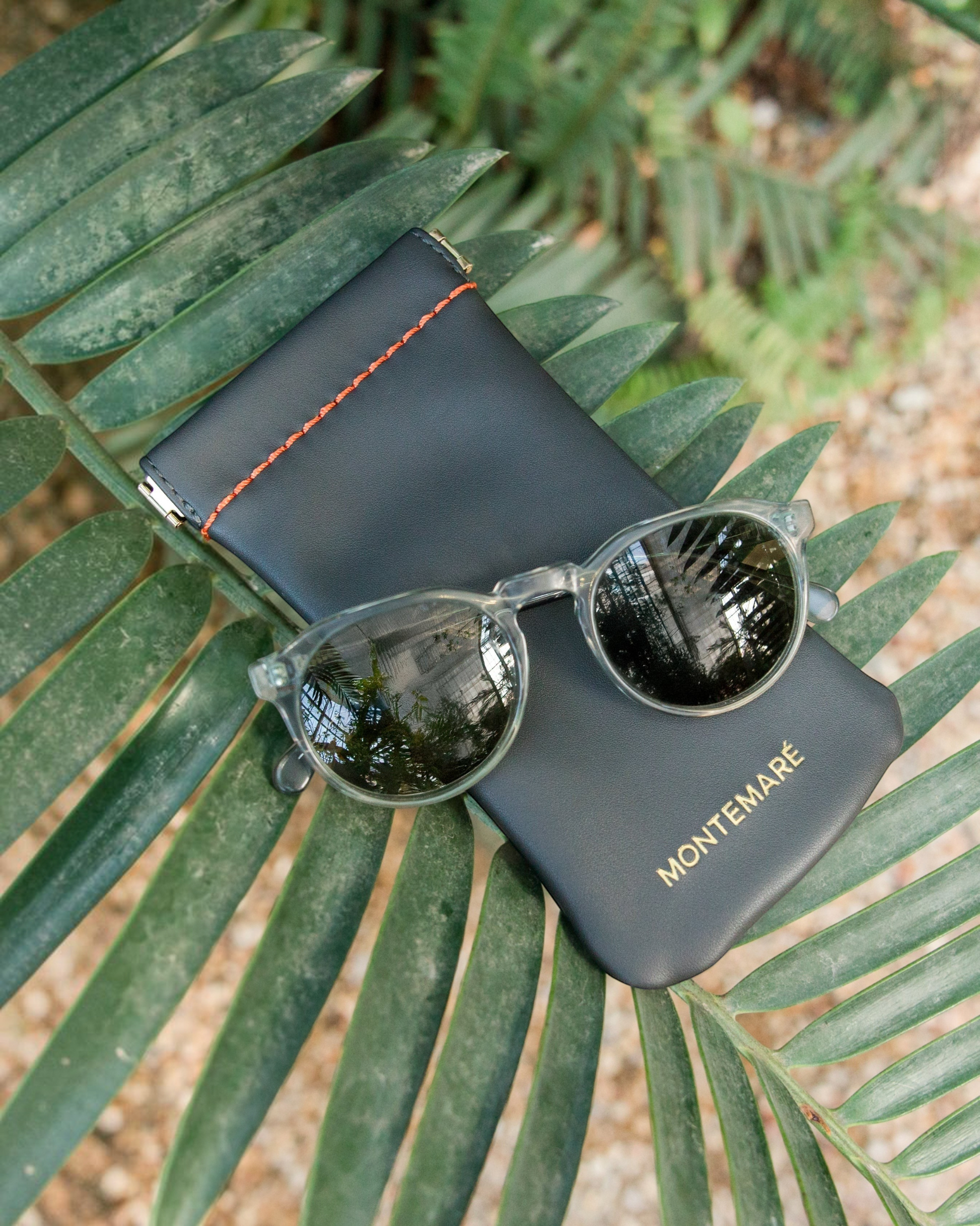 Montemaré Roma vegan leather glasses case in black with orange stitching and clear frame sunglasses on a palm leaf