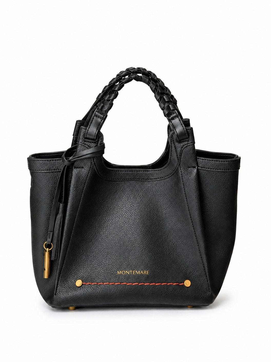 Montemaré Sedona black pebbled vegan leather crossbody bag with a braided top handle and signature whistle tassel.