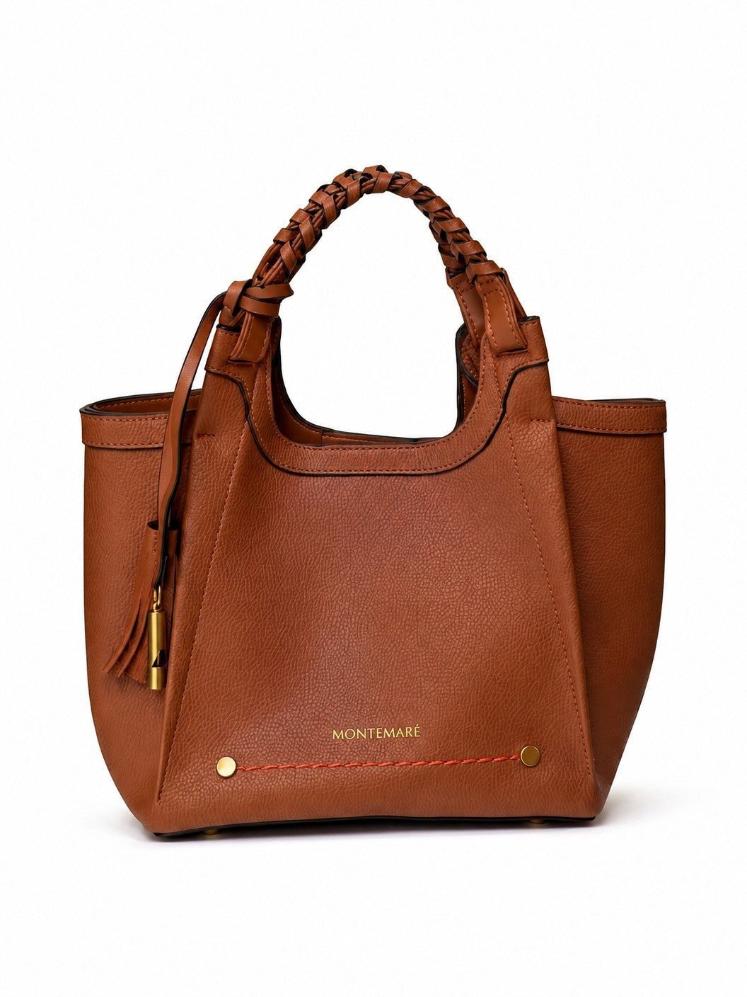 Montemaré Sedona brown pebbled vegan leather crossbody bag with a braided top handle and signature whistle tassel.
