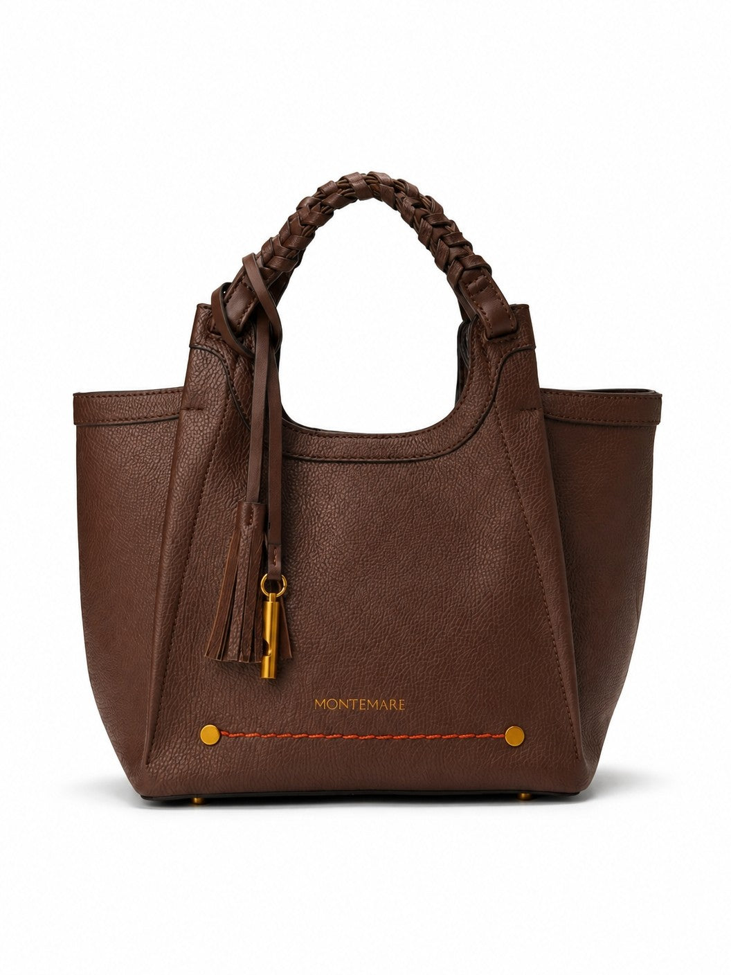 Montemaré Sedona brown pebbled vegan leather crossbody bag with braided handle and signature gold whistle tassel.
