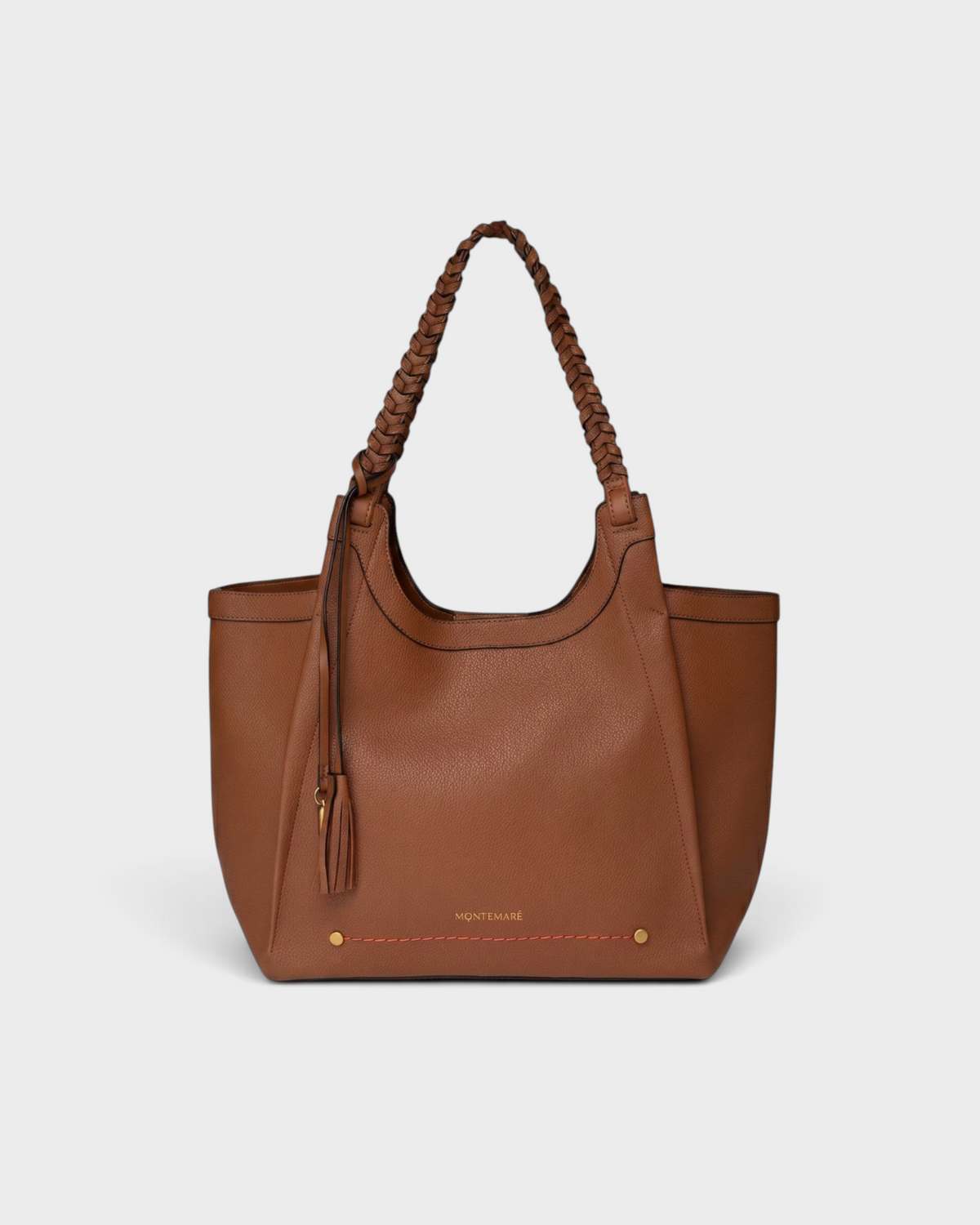 Montemaré Sedona tote bag in brown vegan leather with hand-braided shoulder straps and a signature whistle tassel.
