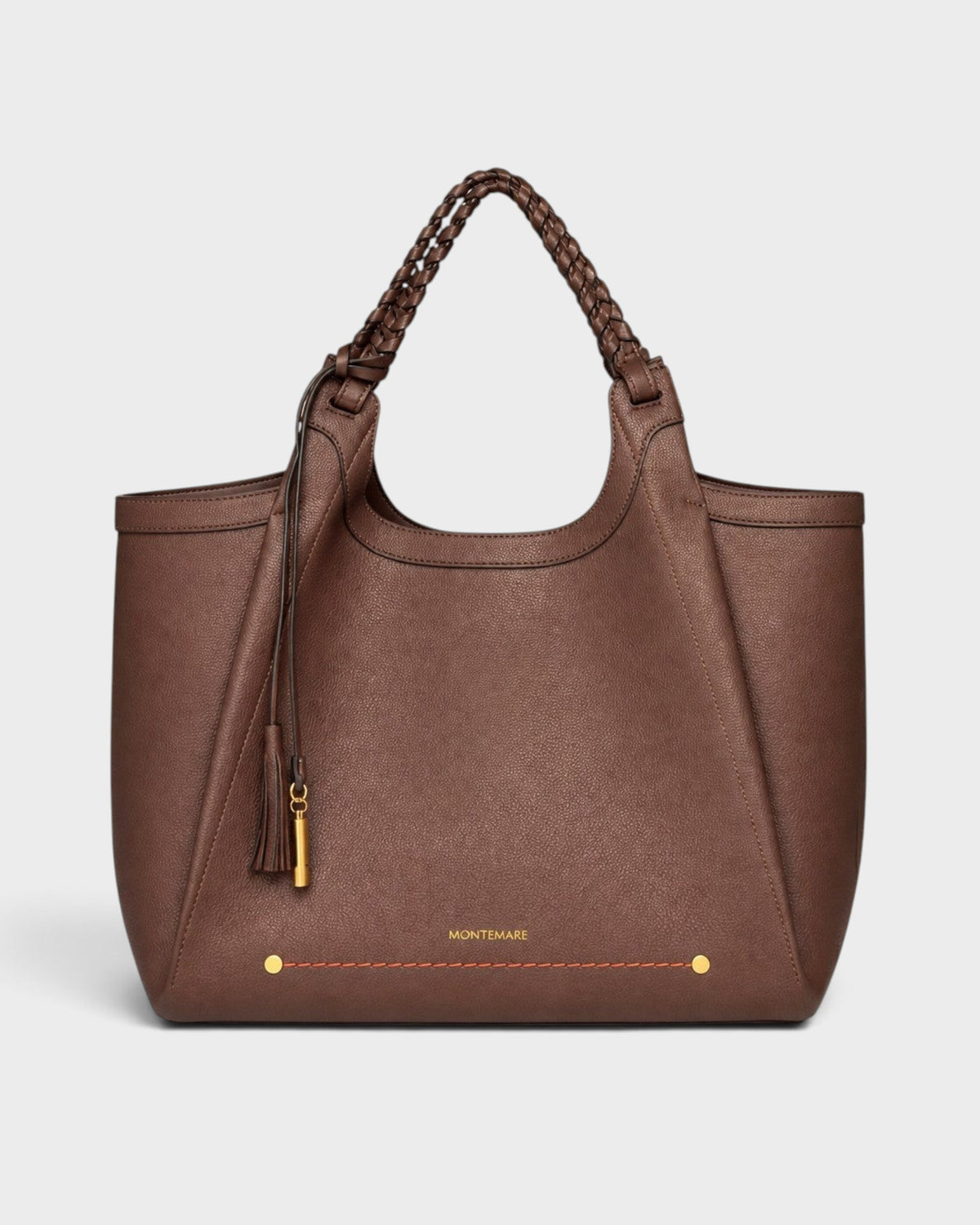 Montemaré Sedona brown vegan leather work tote with hand-braided handles and signature whistle tassel.