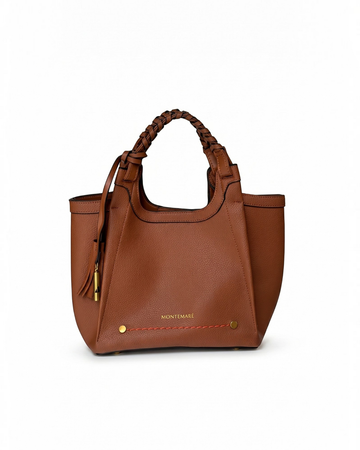 Montemaré Sedona Crossbody bag in brown pebbled vegan leather with a braided top handle and signature whistle tassel.