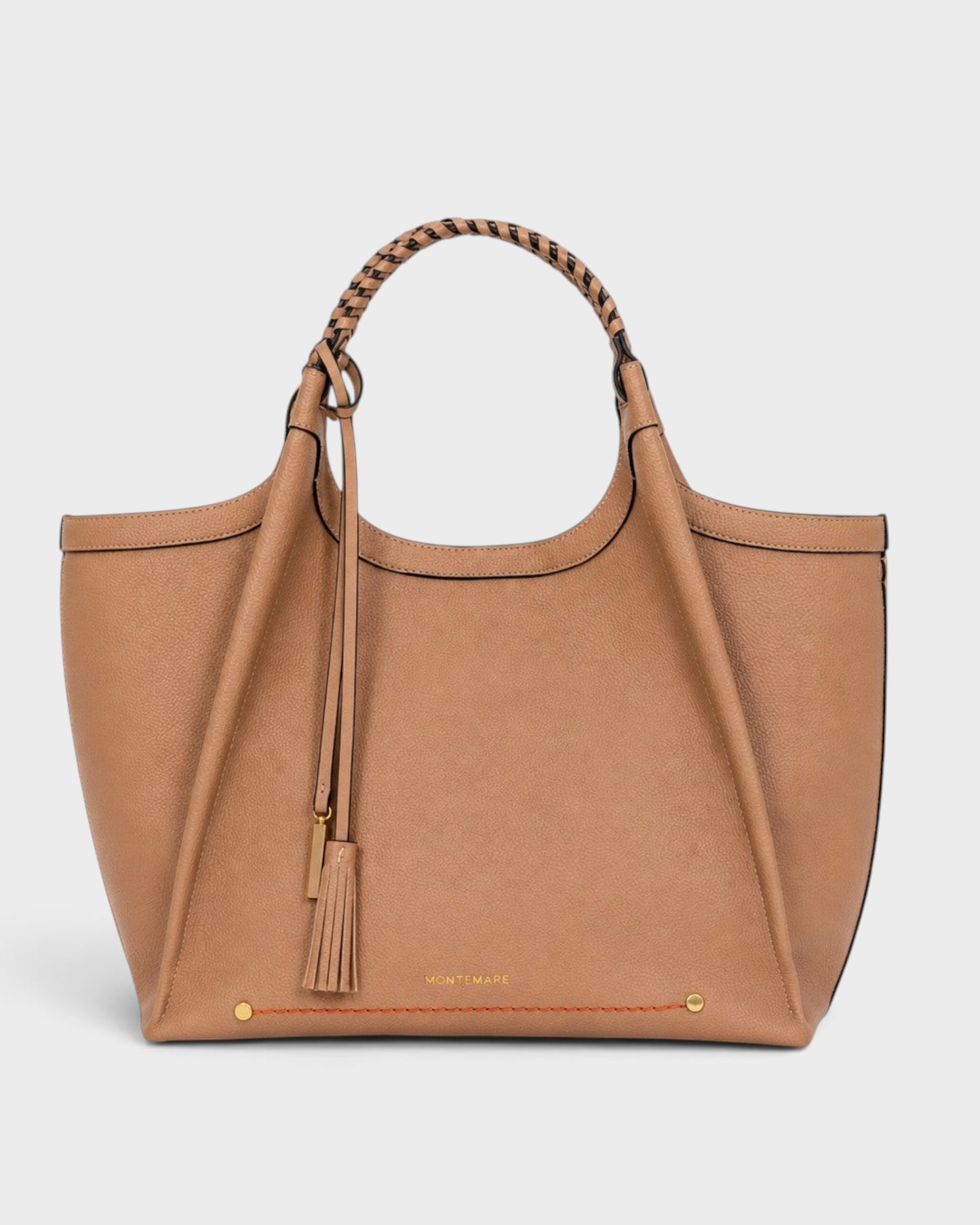 Montemaré Sedona work tote in tan pebbled vegan leather with hand-braided handles and signature whistle tassel.