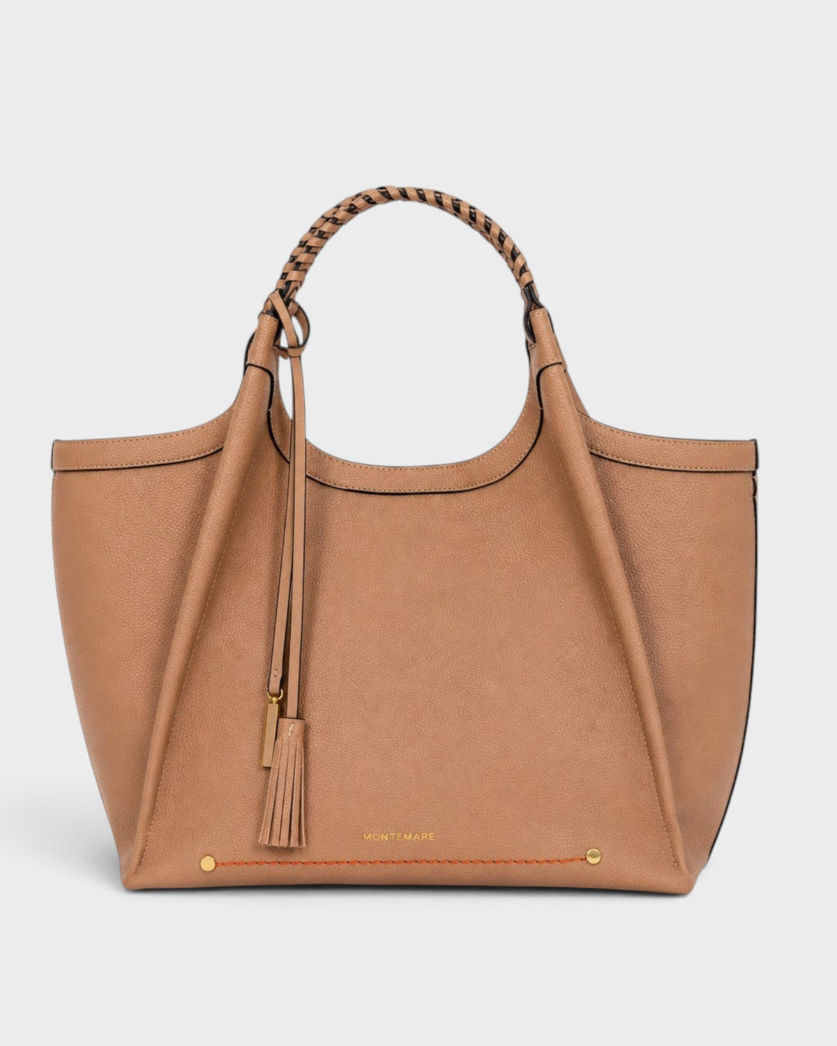Montemaré Sedona work tote in tan vegan leather with hand-braided handles and signature whistle tassel.