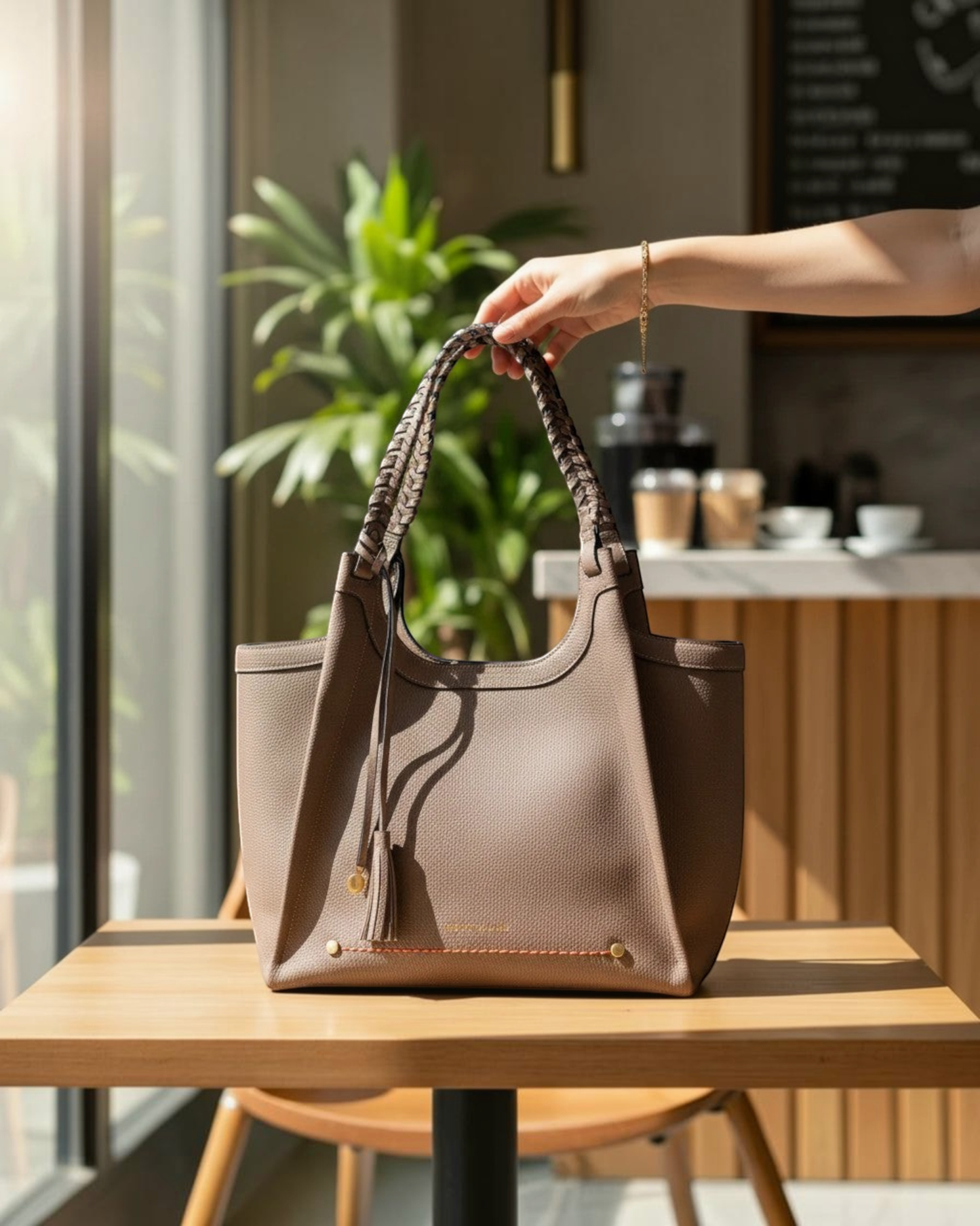 Montemaré Sedona vegan leather tote in taupe with hand-braided straps and signature whistle tassel on a wooden table.
