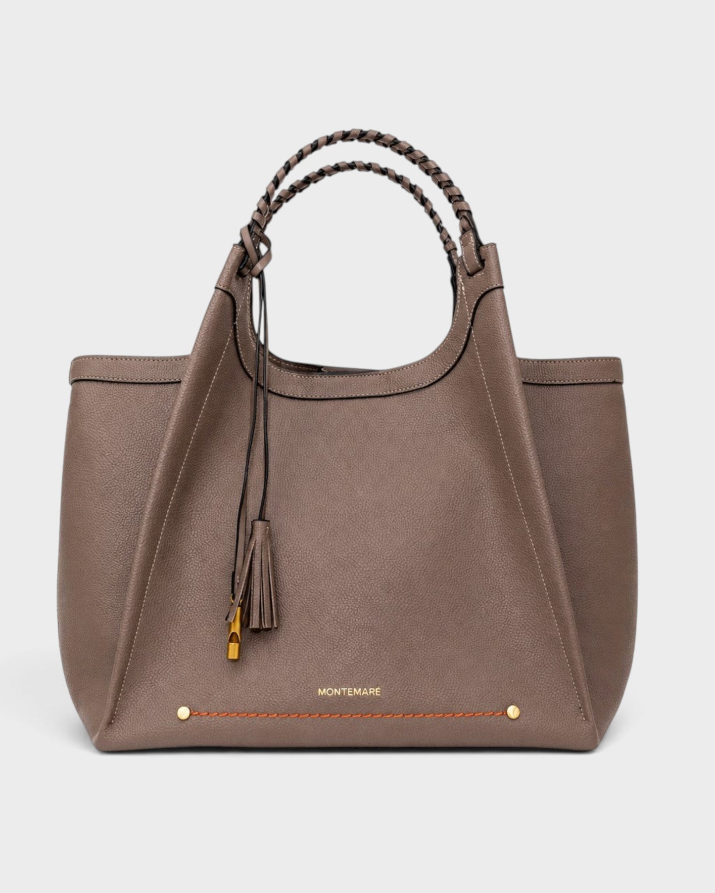 Montemaré Sedona work tote in pebbled taupe vegan leather with hand-braided handles and signature whistle tassel.
