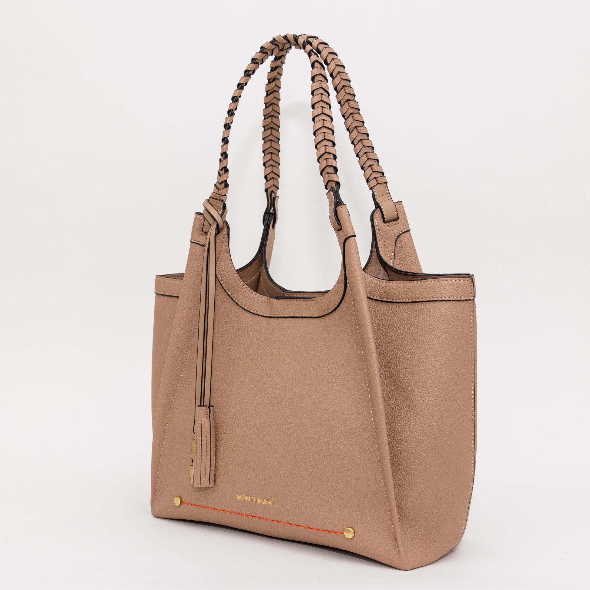 Sedona Tote with braided handle in Latte on white background