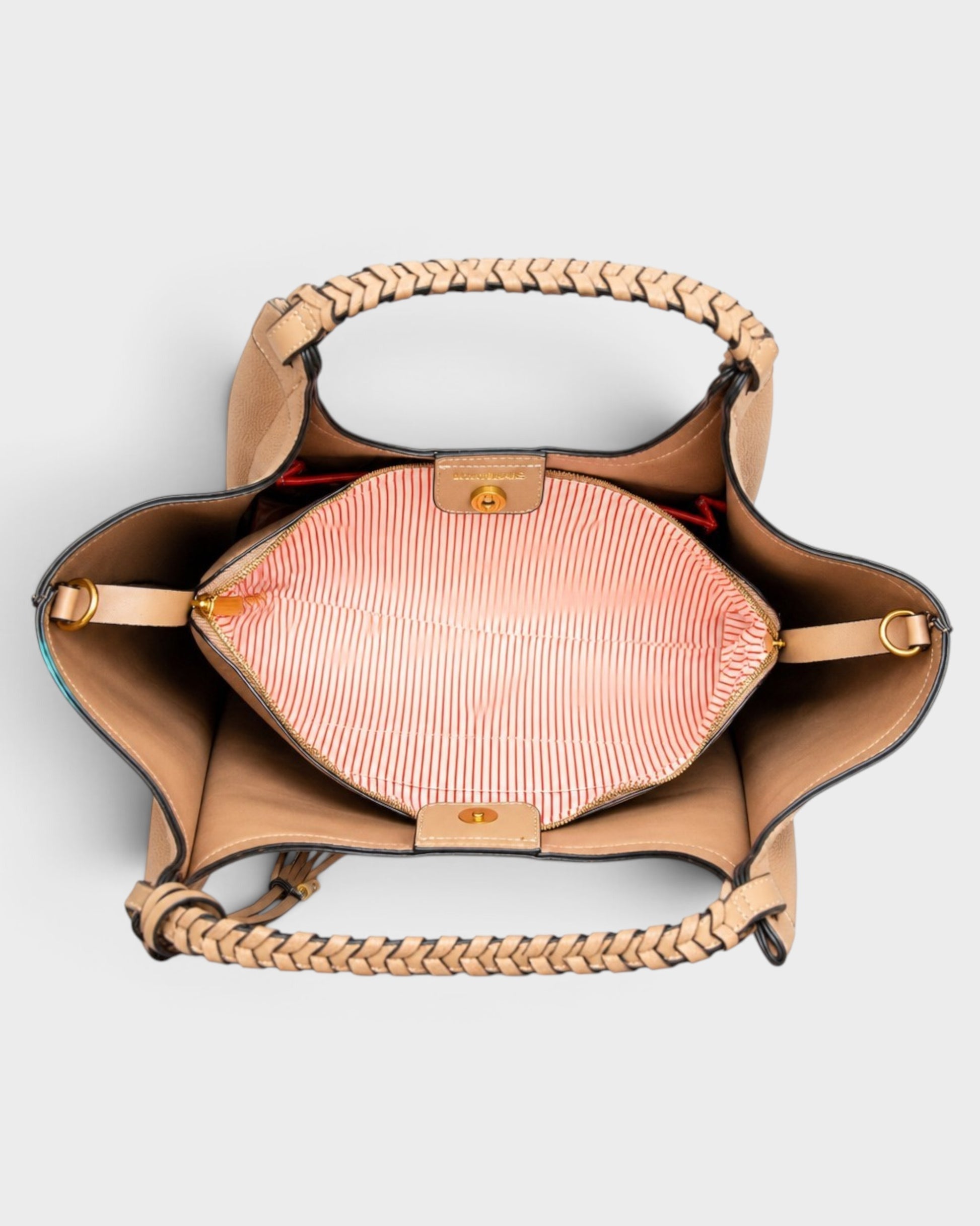 Montemaré Sedona Work Tote in beige pebbled vegan leather with hand-braided handles and striped interior lining