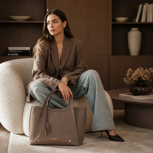 Woman sitting in a chair holding a Montemaré Sedona Work Tote in pebbled brown vegan leather with braided handles.