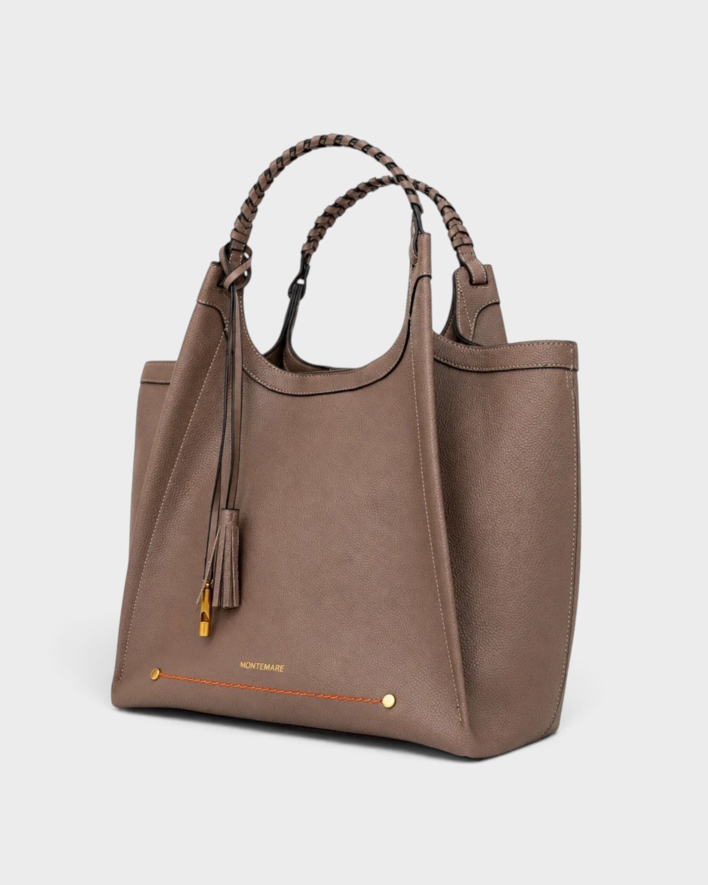 Montemaré Sedona Work Tote in taupe pebbled vegan leather with hand-braided handles and signature whistle tassel.