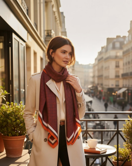 A woman wearing a Montemaré Original Silk Square Scarf with a signature grid pattern in burgundy and orange tones.