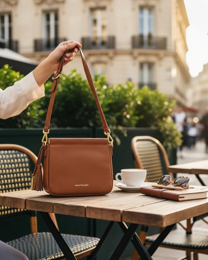 Montemaré square crossbody pouch in tan pebbled leather with a tassel detail held above a cafe table
