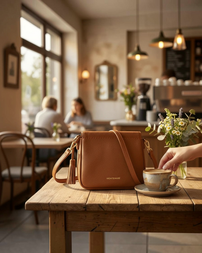 Montemaré tan leather square crossbody pouch with a tassel detail sitting on a wooden cafe table next to a coffee cup