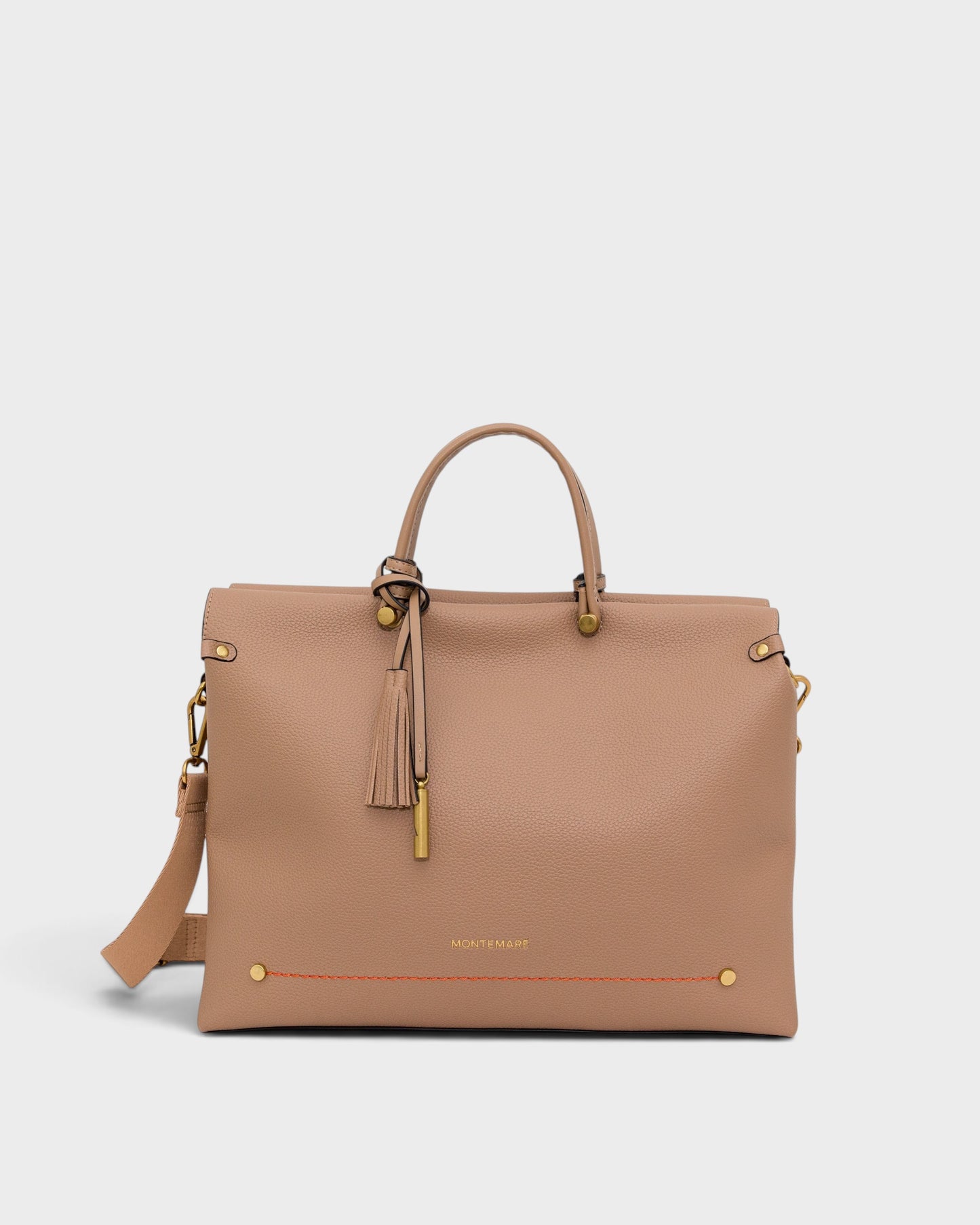 Montemaré Vienna small carry-on tote in beige vegan leather with a tassel, gold hardware, and adjustable strap.