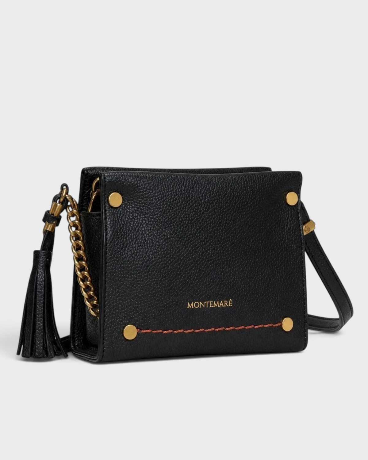 Montemaré black pebbled vegan leather Vienna mini crossbody bag with gold chain detail and signature whistle tassel.