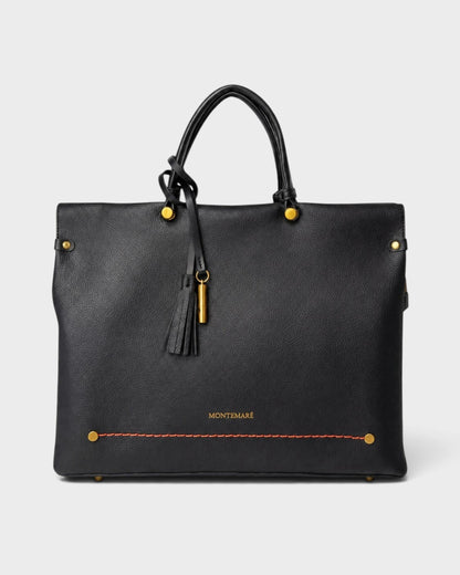 Montemaré Vienna black vegan leather carry-on tote with gold hardware, tassel detail, and reinforced handles.