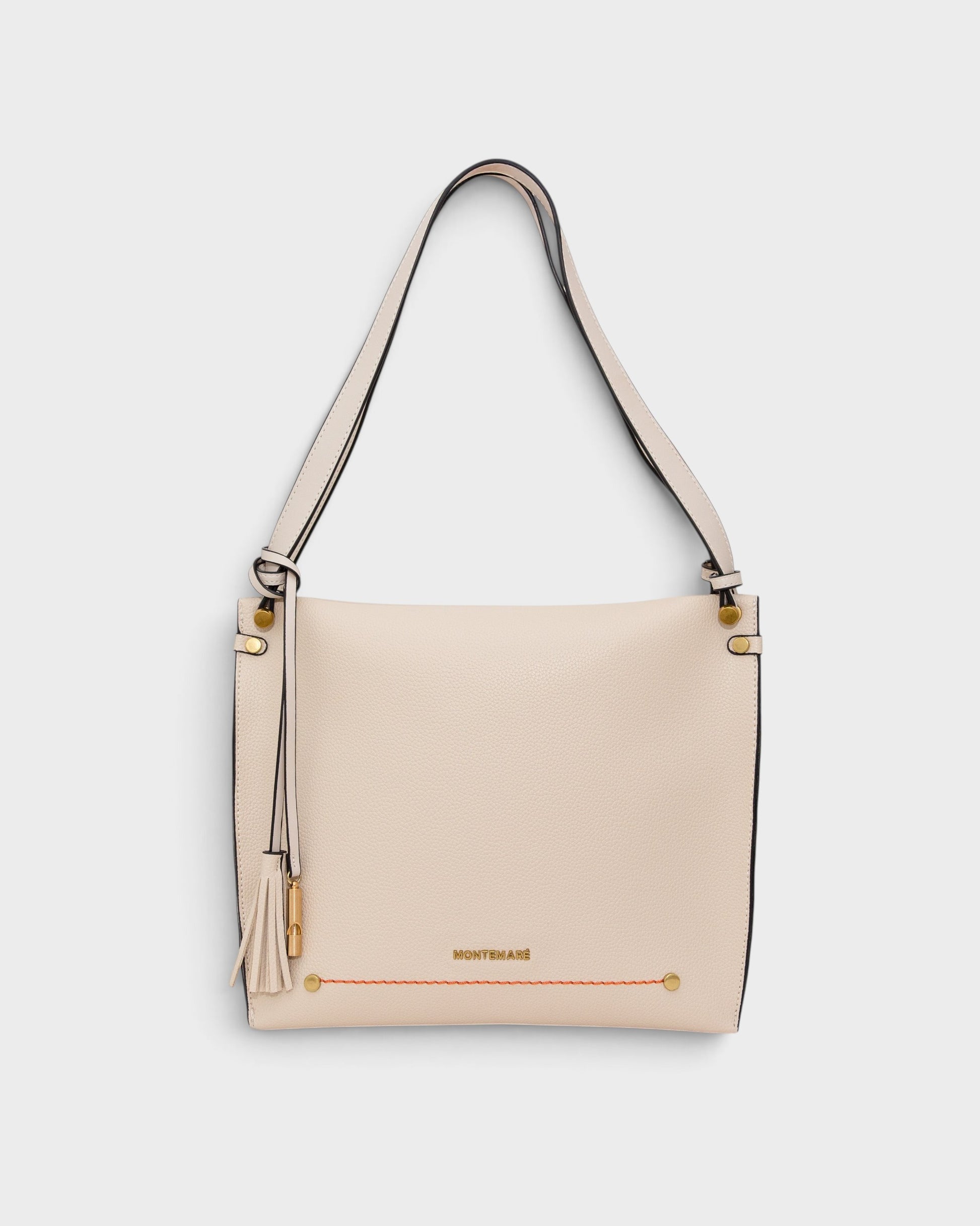 Montemaré Vienna shoulder bag in cream pebbled vegan leather with a signature safety whistle tassel and gold hardware.