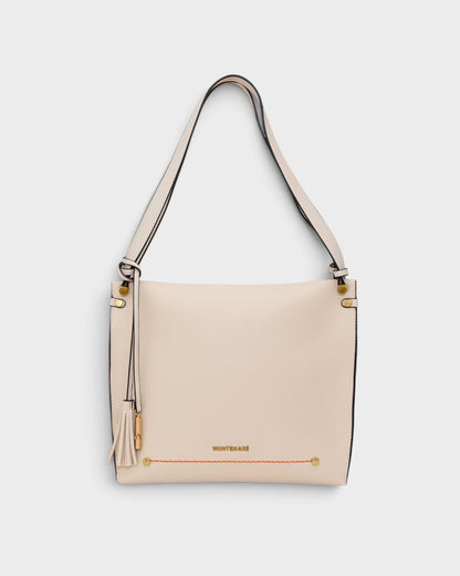 Montemaré Vienna shoulder bag in cream pebbled vegan leather with a signature safety whistle tassel and gold hardware.