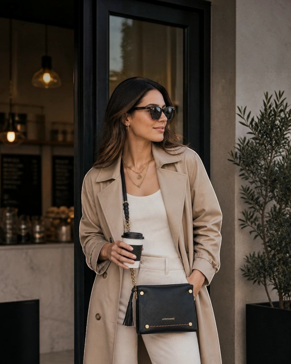 Montemaré Vienna Mini Crossbody in black vegan leather with gold chain detail and whistle tassel on a stylish woman