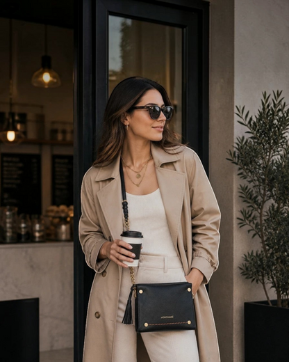 Montemaré Vienna Mini Crossbody in black vegan leather with gold chain detail and whistle tassel on a stylish woman