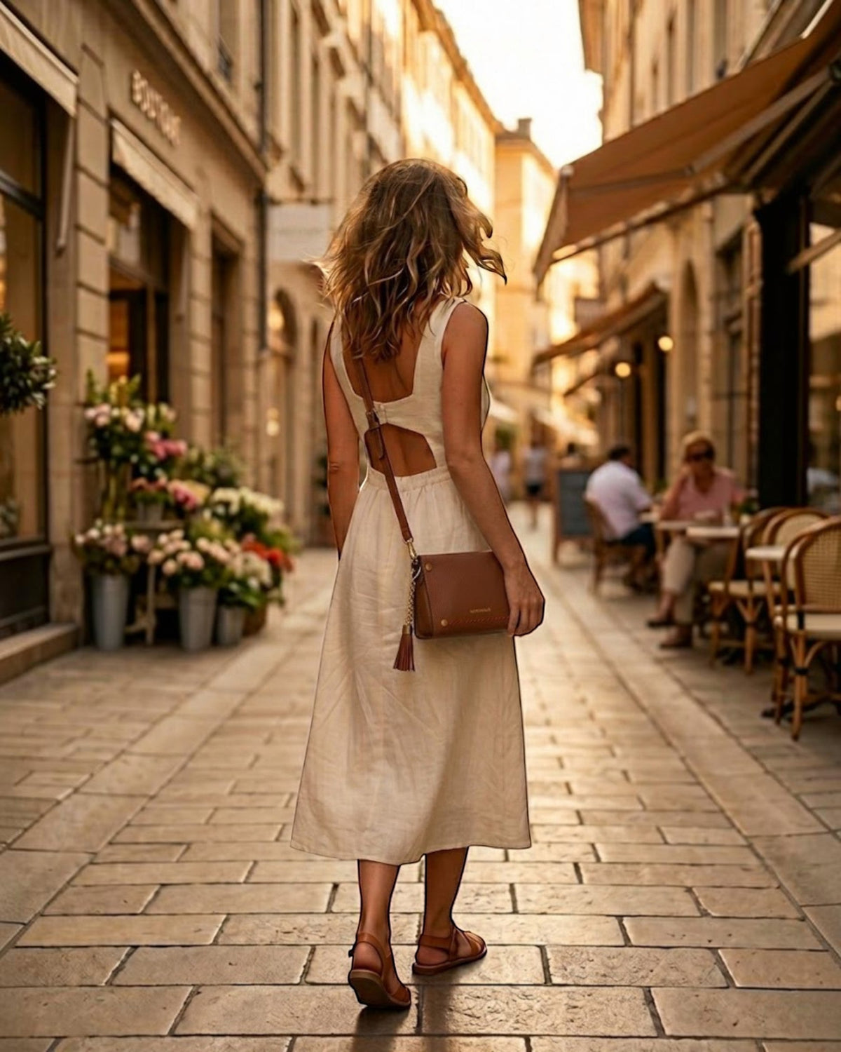 Woman walking in a European street wearing a Montemaré Vienna Mini Crossbody bag in brown vegan leather with a tassel.