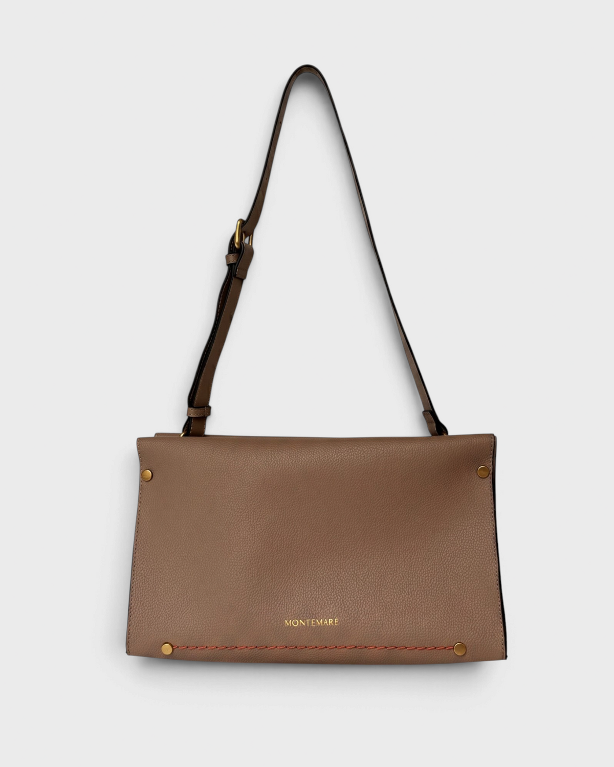 Montemaré Vienna small shoulder bag in taupe pebbled vegan leather with adjustable strap and gold hardware details
